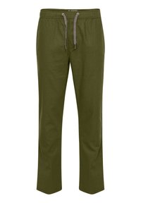 Oliivinvihreät vetoköysiset housut, joissa on joustava vyötärönauha, suorat lahkeet ja sivutaskut, valkoista taustaa vasten esitettynä.