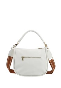 Borsa a tracolla in pelle bianca con manico testurizzato, tracolla marrone con motivo, dettaglio della zip dorata e tasca anteriore con zip.