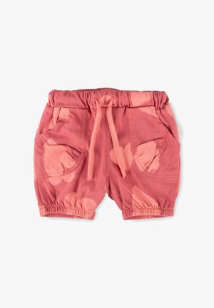 Rosa Kleinkind-Shorts mit hellrosa abstrakten Flecken, elastischem Bund und Bündchen, vorne mit Kordelzug und zwei Seitentaschen.
