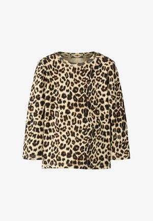 Langermet skjorte med leopardmønster i mykt beige stoff, med svarte og brune flekker, rund hals og ribbestrikkede mansjetter.