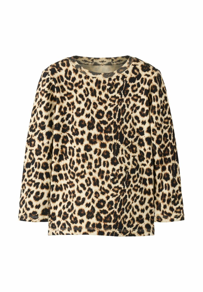 Langermet skjorte med leopardmønster i mykt beige stoff, med svarte og brune flekker, rund hals og ribbestrikkede mansjetter.