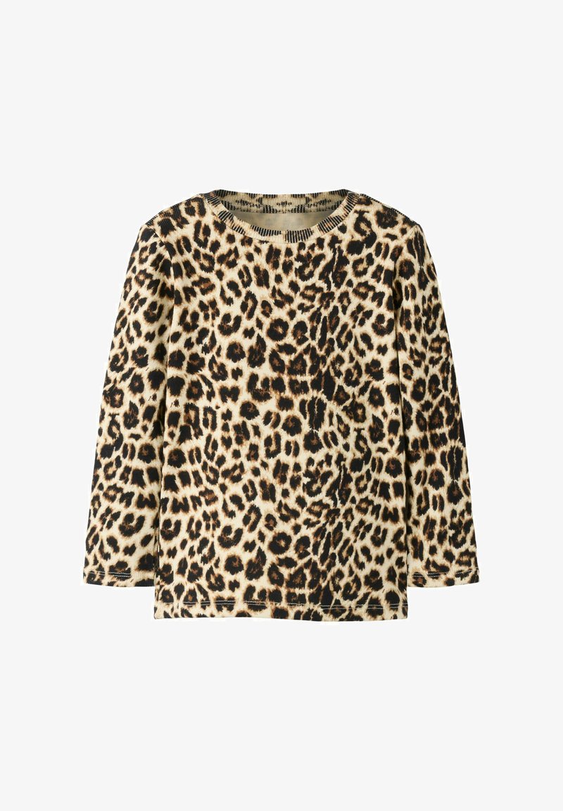 Langermet skjorte med leopardmønster i mykt beige stoff, med svarte og brune flekker, rund hals og ribbestrikkede mansjetter.