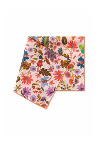 Zijde sjaal met bloemmotief in levendige kleuren zoals roze, rood en blauw, met ingewikkelde patronen van bloemen en bladeren. Omzoomd met oranje.