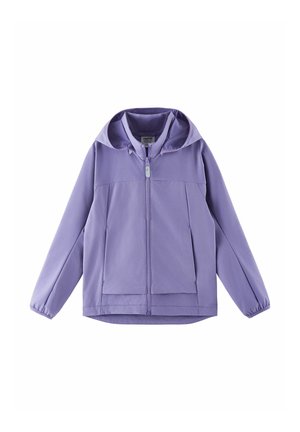Lavendelfarbene Softshell-Jacke mit Kapuze, Frontreißverschluss, zwei Seitentaschen und elastischen Bündchen, entworfen für den Außenbereich.