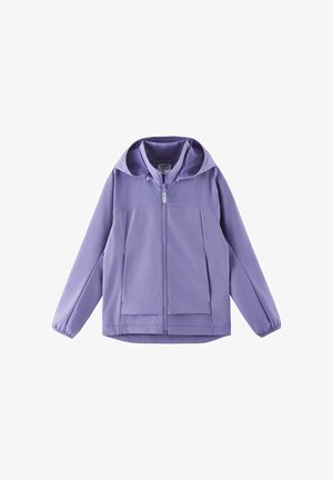 Giacca softshell lavanda con cappuccio, zip frontale, due tasche laterali e polsini elasticizzati, progettata per l'abbigliamento outdoor.