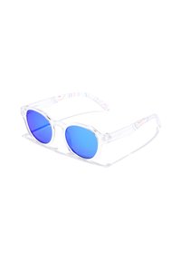 Ochelari de soare transparenți cu lentile albastre. Ramele sunt rotunde, cu accente colorate și modelate pe brațe. Design minimalist, ușori.