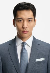 Blå texturerad kostym med vit skjorta, matchande slips och ett ljust mönstrat näsduk. Håret är prydligt stylat, ansiktsdragen är neutrala.