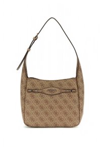 Sac à main marron à motifs avec une forme incurvée, une bandoulière unique et un logo métallique en accent sur le devant. Matériau synthétique durable.