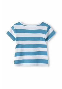 Tričko s krátkým rukávem v modrých a bílých pruzích. Vyrobené z bavlny, s kulatým výstřihem a měkkou texturou s prošitými lemy.