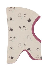 Beige Baumwollbalaclava mit schwarzem und grauem Schafsmuster, grünen Grasakzenten und einem weinroten Rand. Weiche Textur, designed für Wärme.