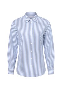 Striped button-up shirt in light blue and white. Made of cotton, features a classic collar, long sleeves, and a straight hem.