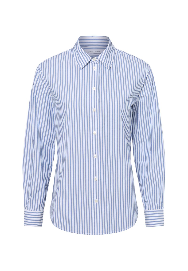 Striped button-up shirt in light blue and white. Made of cotton, features a classic collar, long sleeves, and a straight hem.