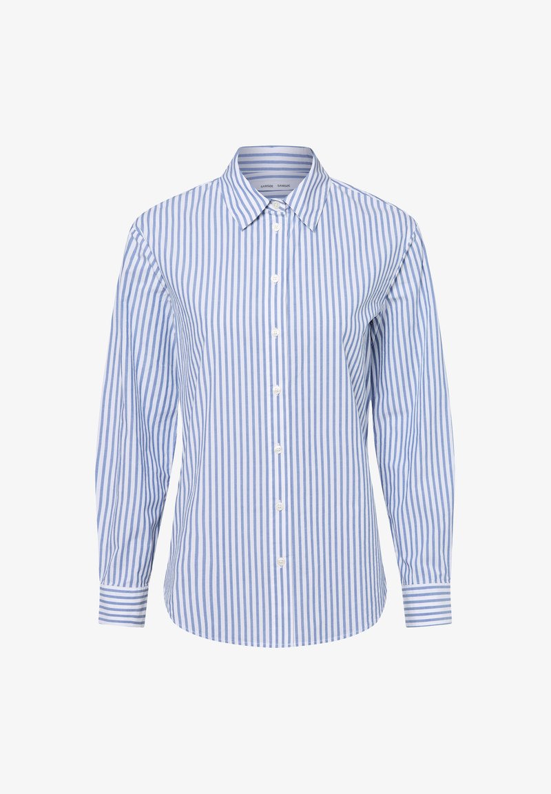Striped button-up shirt in light blue and white. Made of cotton, features a classic collar, long sleeves, and a straight hem.