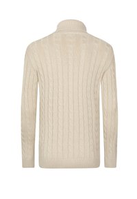 Suéter de punto cableado en beige, con un cuello alto acanalado, mangas largas y detalles texturizados en toda la prenda. Material de mezcla de lana suave.