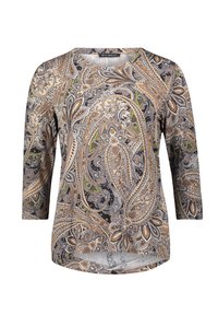 Dreiviertelarmbluse mit Paisleymuster in Brauntönen, Grau und Grün. Weicher Stoff mit rundem Ausschnitt und abgerundetem Saum.