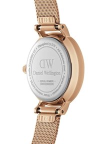 Zelta tonī veidots Daniel Wellington pulkstenis ar nerūsējošā tērauda sietiņu un pulētu sudraba aizmuguri, kas rotāta ar iegravētām zīmola detaļām.