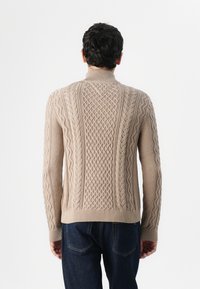 Pullover lavorato a maglia beige con colletto alto, trame a treccia testurizzate e polsini a coste. La parte posteriore presenta motivi intricati e una vestibilità aderente.