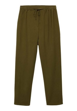 Pantaloni verde măsliniu, cu croială lejeră, bandă elastică la talie și șnur de ajustare, având o textură netedă și un design tapered la glezne.