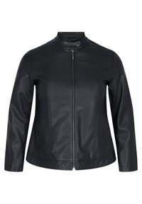 Veste en cuir noir avec un col haut, fermeture éclair à l'avant et manches longues. Présente des détails en panneaux et une texture lisse, légèrement brillante.