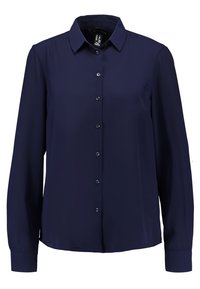 Navy blue button-up shirt made of smooth fabric, featuring a collar, long sleeves, and a straight hem with six matching buttons.