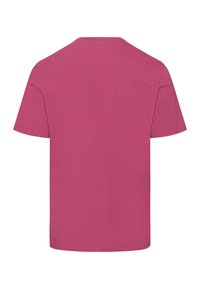 T-shirt a maniche corte di colore rosa solido, realizzato in morbido cotone, con scollatura a girocollo e vestibilità comoda, senza motivi o dettagli visibili.