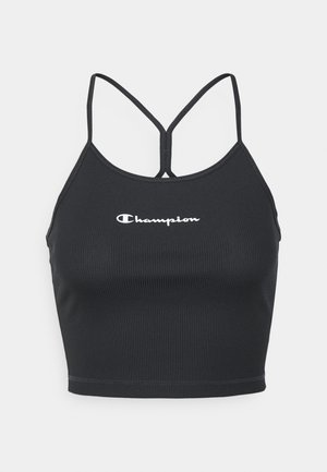 Top court côtelé noir avec bretelles spaghetti ajustables, arborant un logo blanc "Champion" à l'avant et un design croisé dans le dos.