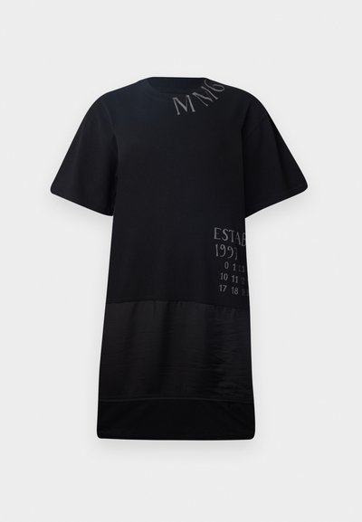 Black T-shirt with short sleeves, featuring a smooth texture, a loose fit, and printed text in gray on the front and lower section.
