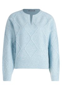 Himmelblaues Strickpullover mit einem strukturierten Rautenmuster, rundem Halsausschnitt und geripptem Saum sowie Bündchen. Verfügt über einen Einschnitt am Halsausschnitt.