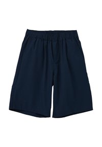Marineblaue Shorts mit elastischem Bund, zwei seitlichen Taschen und einer lockeren Passform, gefertigt aus einem glatten Stoff für bequemes Tragen.