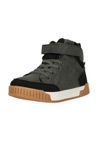 Høj-top sneakers med en grå ruskindsoverdel, sorte accenter, gummisål med en struktureret gummioverflade, justerbar strop og snørebåndslukning.