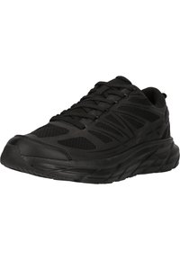 Schwarze Sportschuhe mit einem Mesh-Obermaterial, strukturierten Akzenten und einer gepolsterten Sohle. Ausgestattet mit Schnürsenkeln und einem gerundeten Zehenbereich.