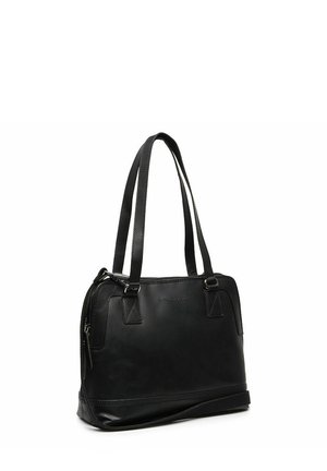 Bolso de cuero negro con doble asa para el hombro, forma rectangular y cierre de cremallera, mostrado sobre un fondo blanco.