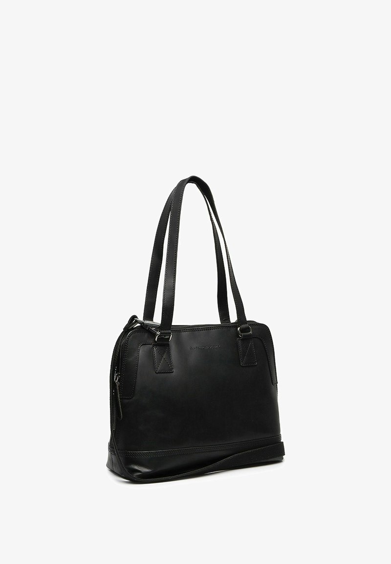Borsa a tracolla nera in pelle con doppio manico, forma rettangolare e chiusura con cerniera, mostrata su sfondo bianco.