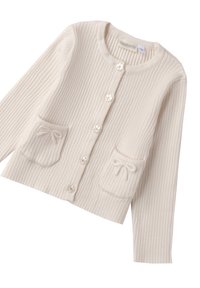 Cardigan a coste crema con maniche lunghe, colletto rotondo, bottoni a forma di fiore e due tasche frontali con piccoli fiocchi.