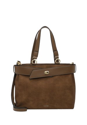 Bolso de mano de cuero marrón con doble asa, herrajes en tono dorado, una cinta frontal decorativa y una correa de hombro desmontable.