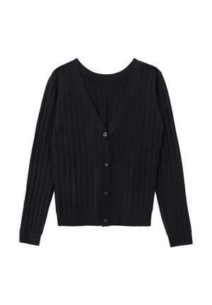 Cardigan nero in tessuto a coste, con scollo a V, maniche lunghe e sei bottoni frontali con un lieve luccichio.