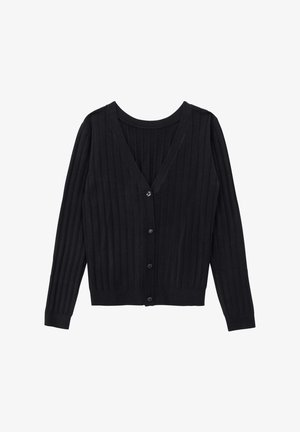 Cardigan nero in tessuto a coste, con scollo a V, maniche lunghe e sei bottoni frontali con un lieve luccichio.