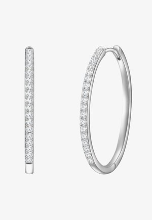 Sølvøreringe med et elegant design, der har en række små, klare ædelsten langs den ene side. Glat overflade og poleret finish.