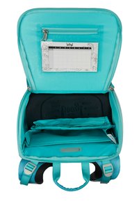 Die türkisfarbene Rucksack verfügt über eine Reißverschlusstasche und einen Kalender-Einsatz. Das Innere hat Fächer mit einer glatten Textur und einem gepolsterten Boden.