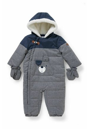 Småbørns foret grå og marineblå snedragt med hætte, luffer og et bjørneansigtsdesign på frontlommen.