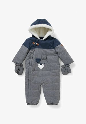 Ocieplany szary i granatowy kombinezon zimowy dla malucha z kapturem, rękawiczkami i wzorem twarzy misia na przedniej kieszeni.
