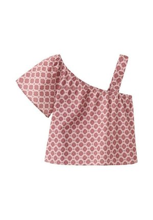 Pinkes kurzes Oberteil mit kleinem Blumenmuster, einem kurzen Ärmel und einem Träger an der Schulter auf weißem Hintergrund.