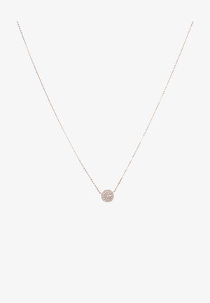 Halskette aus rosévergoldetem Metall mit einer filigranen Kette und einem runden Anhänger, der ein florales Design aus kleinen klaren Edelsteinen und einem zentralen Akzent zeigt.