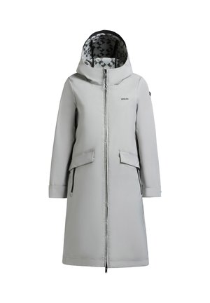 Helehall talvine pikk mantel kapuutsiga, esipool lukuga, klapiga taskud ja must-valge mustriga sisevooder, rinnal silt "KHUJO".