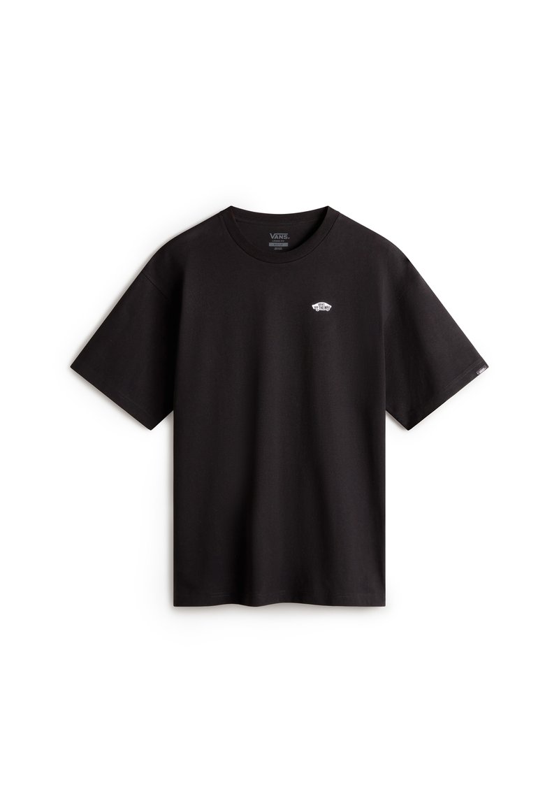 Camiseta de algodón negra con mangas cortas, cuello redondo y un pequeño logotipo de Vans en blanco impreso en el pecho. Textura suave y corte relajado.
