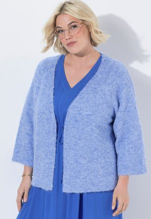 Mujer rubia con gafas redondas, un cárdigan azul claro suave sobre un vestido azul, de pie frente a un fondo blanco.