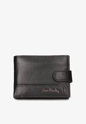 Zwarte leren portemonnee met een gestructureerde afwerking, rechthoekige vorm, geperst logo en een drukknoopsluiting aan de rechterkant.