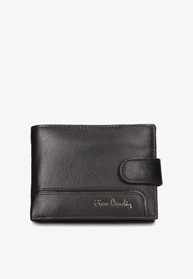 Zwarte leren portemonnee met een gestructureerde afwerking, rechthoekige vorm, geperst logo en een drukknoopsluiting aan de rechterkant.