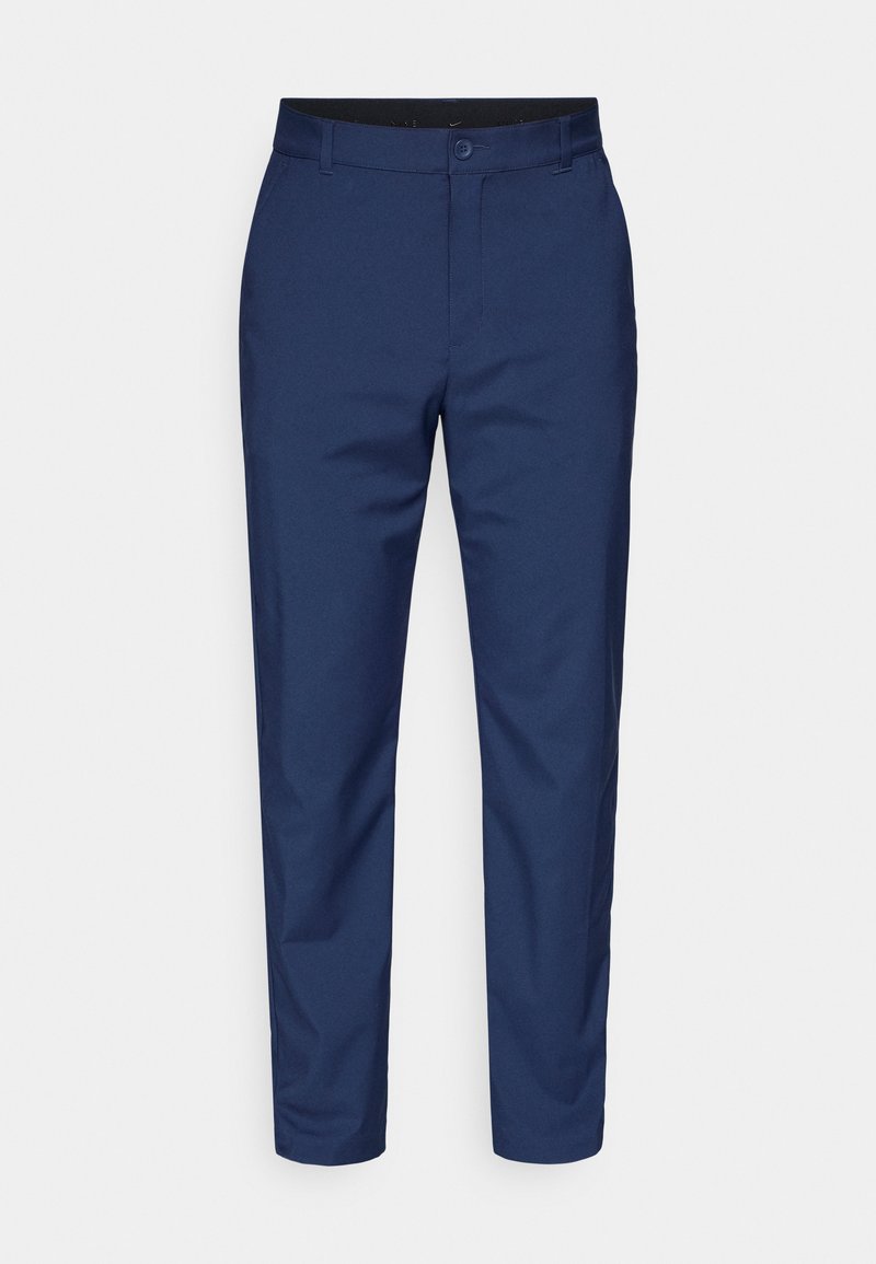 Marineblaue Hose aus glattem Stoff. Mit Knopfverschluss, Gürtelschlaufen und einer taillierten Passform mit leicht zulaufenden Beinen.