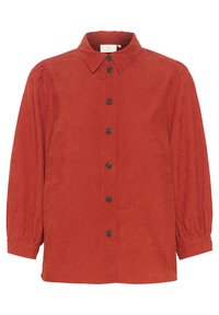 Chemise en velours côtelé rouge avec un col, des manches longues bouffantes et une fermeture à boutons à l'avant. Dispose d'une texture ribbed et de boutons fonc�és.